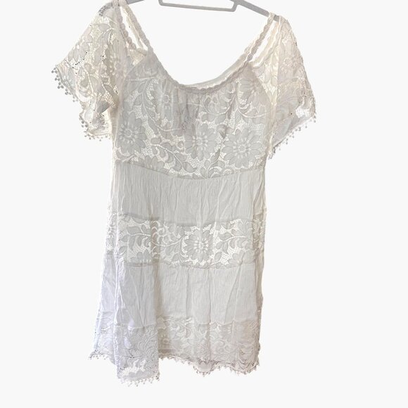Signature Size L Robbie Bee White Lace Off-Shoulder Dress Pom Trim Sleeves - Picture 2 of 9